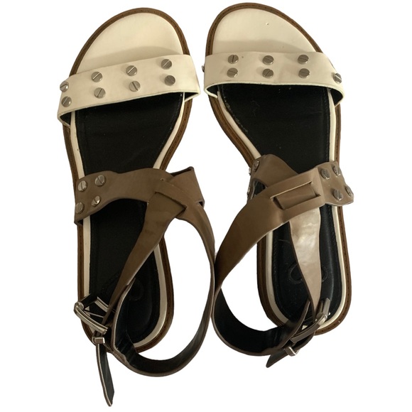 MADELINE Taupe Tan & White Silver Design Hardware Strappy Women’s Sandals Shoes - Picture 8 of 11